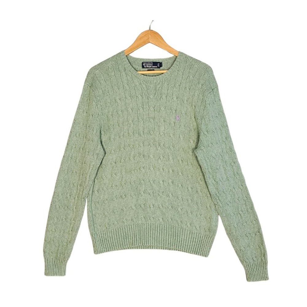 Polo Ralph Lauren 100% Silk Sweater Mens L Green Cable Knit Made in Hong Kong